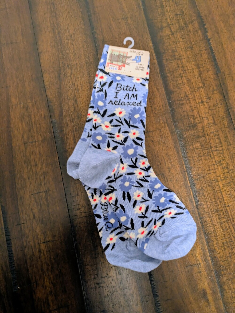 Blue Q Light Blue Floral 'I Am Relaxed' Crew Socks